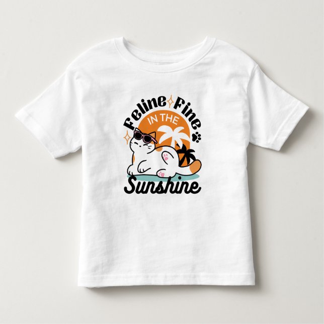 Camiseta Infantil Feline Fine no Sol - Gato Tropical Relaxado (Frente)