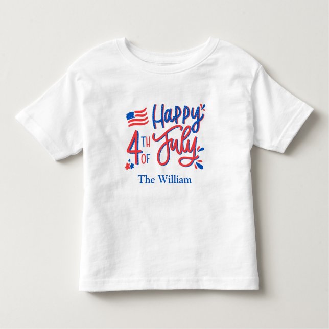 Camiseta Infantil Feliz 4 de julho Vermelho Branco e Azul T (Frente)