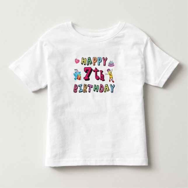 Camiseta Infantil Feliz aniversário de 7. 7 anos. (Frente)