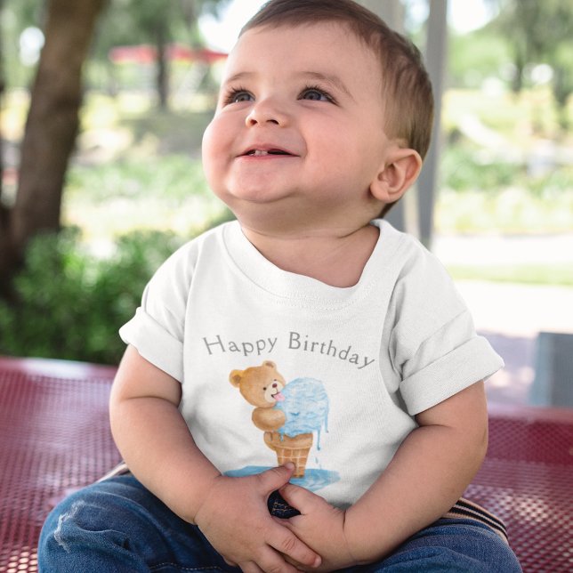 Camiseta Infantil Feliz Aniversário Menino Urso de Pelúcia Sorvete (Criador carregado)