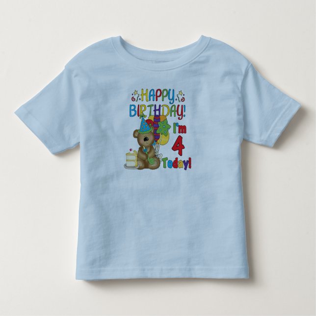 Camiseta Infantil Feliz aniversário Teddy Bear 4th T-shirts e presen (Frente)