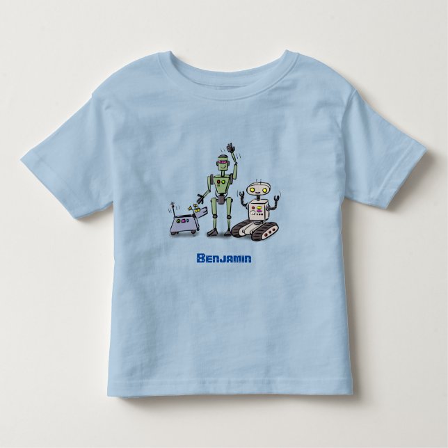 Camiseta Infantil Feliz desenho animado de robôs fofos (Frente)