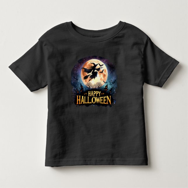 Camiseta Infantil Feliz Dia das Bruxas - Bruxa da Broom Voadora (Frente)