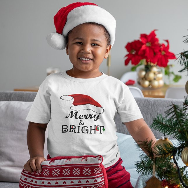 Camiseta Infantil Feliz e Brilho com Natal, ZSPG (Merry & Bright with Santa Hat Christmas, ZSPG Toddler T-shirt)