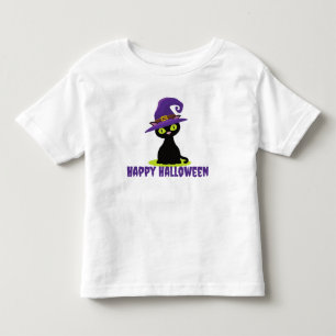Camiseta Infantil Feliz Gato Negro de Halloween Vestindo um Chapéu d