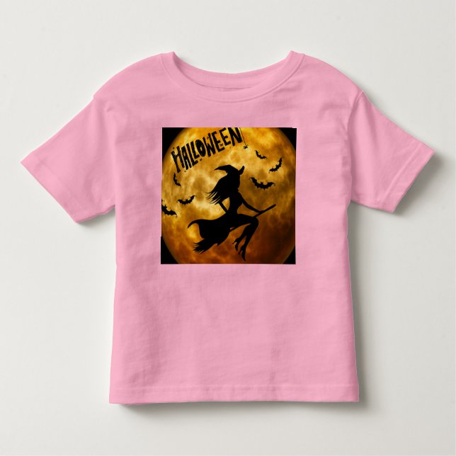 Camiseta Infantil Feliz Halloween Feiticeira de Broomstick em abóbor (Frente)