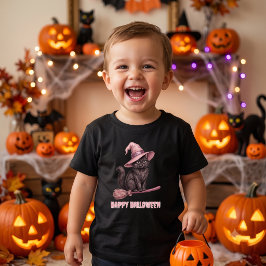 Camiseta Infantil Feliz Halloween Pinkoween Gato Bruxa Preto Vintage