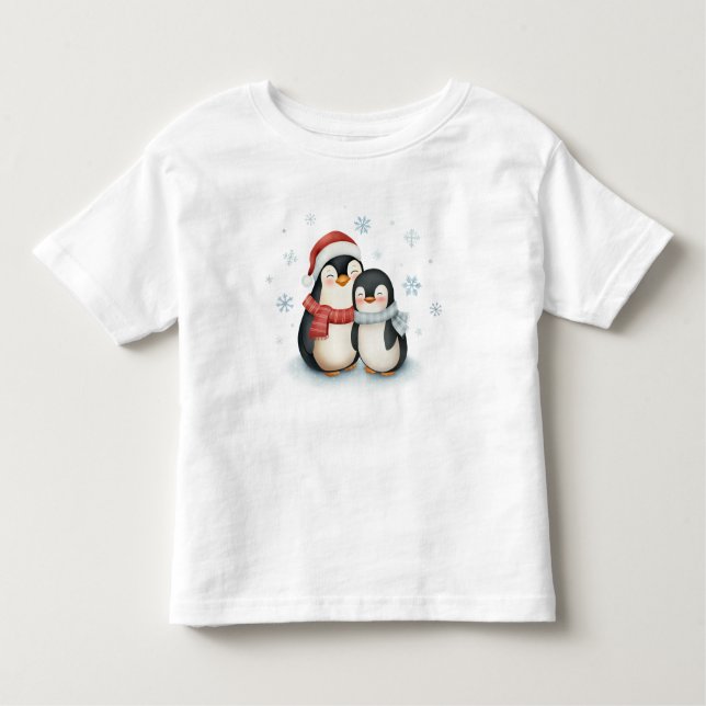 Camiseta Infantil Feliz Natal da Família Penguin, no inverno (Frente)