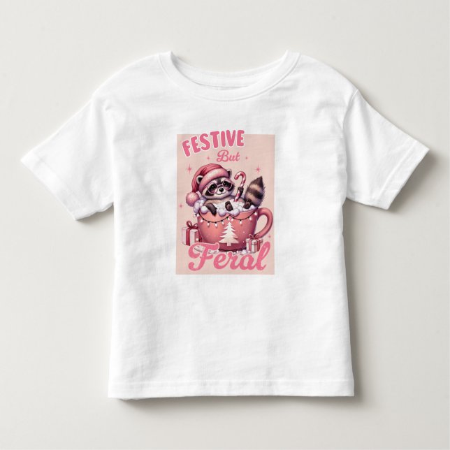 Camiseta Infantil Feliz Natal Festivo, mas Feral Raccoon (Frente)