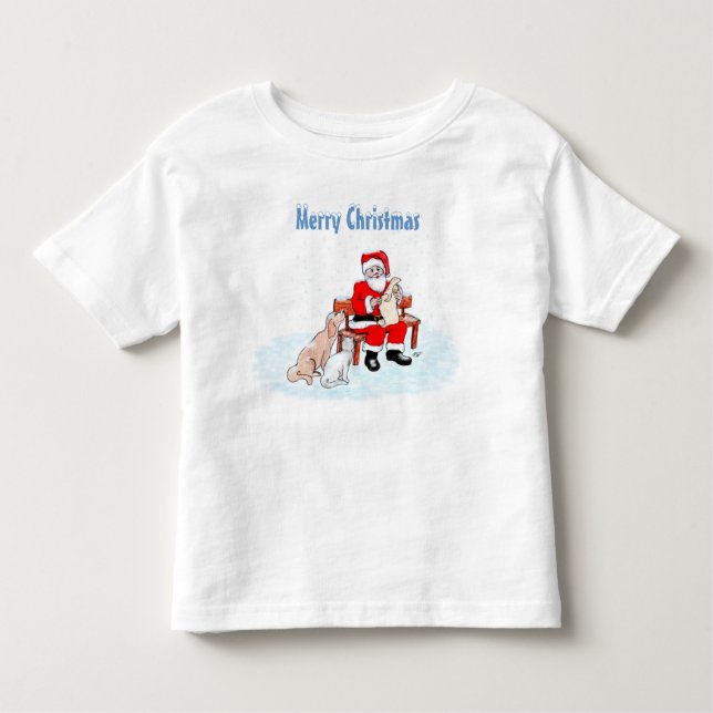 Camiseta Infantil Feliz Natal - Papai Noel com Gato e Cachorro (Frente)
