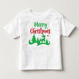 Camiseta Infantil Feliz Natal, Reindeer, Árvore de Natal, Estrelas