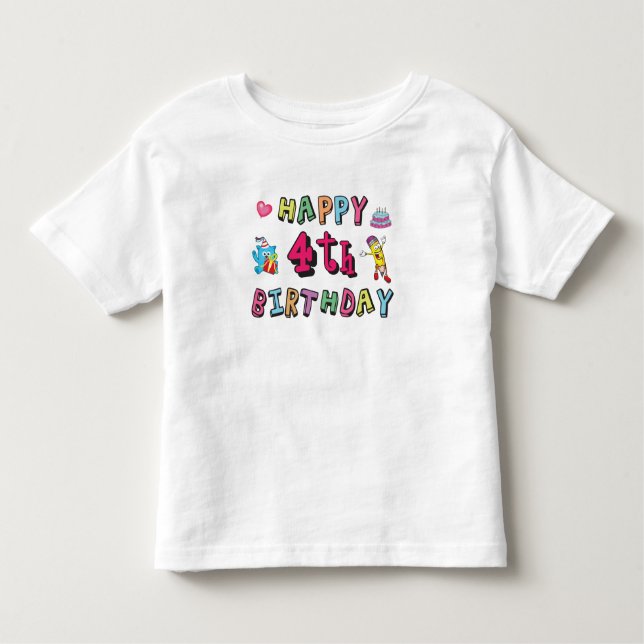 Camiseta Infantil Feliz quarto aniversário. 4 anos por dia. (Frente)