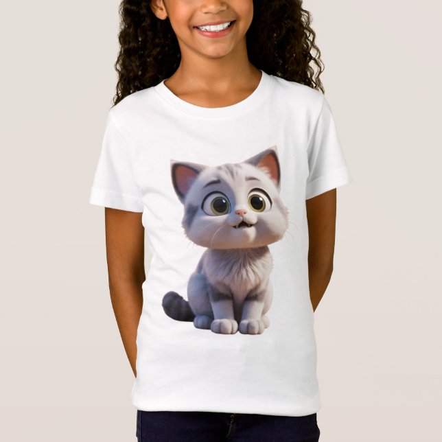 Camiseta Infantil Feminina Gato em Jersey Fina 3D (Frente)