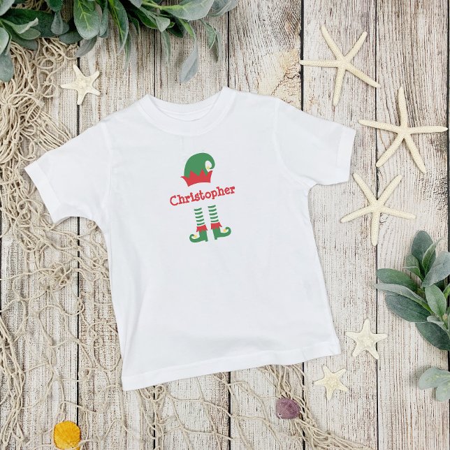 Camiseta Infantil Feriado de Natal do Elf Vermelho Verde Personaliza (Personalized Monogrammed Christmas Elf Toddler, Baby T-shirt. Available in many kids sizes)