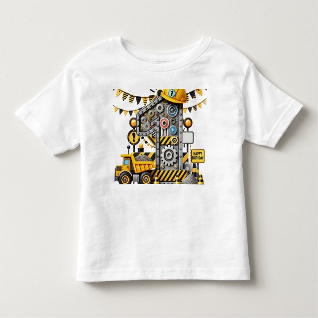 Camiseta Infantil Festa de 1º Aniversário com Tema de Construção (Frente)