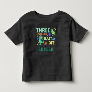 Camiseta Infantil Festa de 3º Aniversário Dinossauro Espaço 3 2 1 De