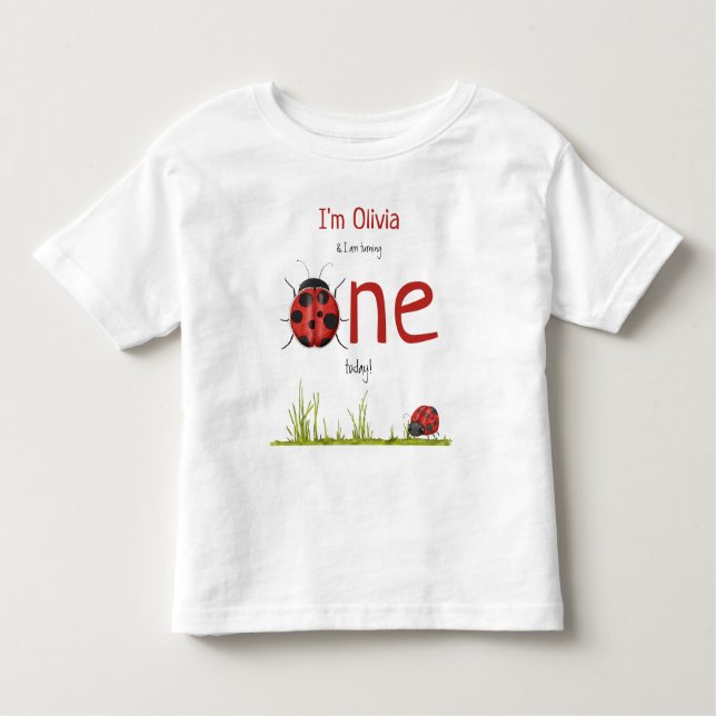 Camiseta Infantil Festa de aniversário da Ladybug feminina de um ano (Frente)