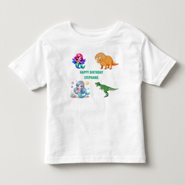 Camiseta Infantil Festa de Aniversário de sereia de dinossauro moder (Frente)