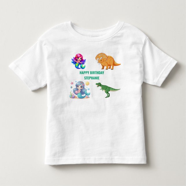Camiseta Infantil Festa de Aniversário de sereia dinossauro moderna (Frente)