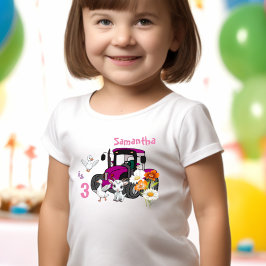 Camiseta Infantil Festa de Aniversário Trator Rosa Diversão com Anim