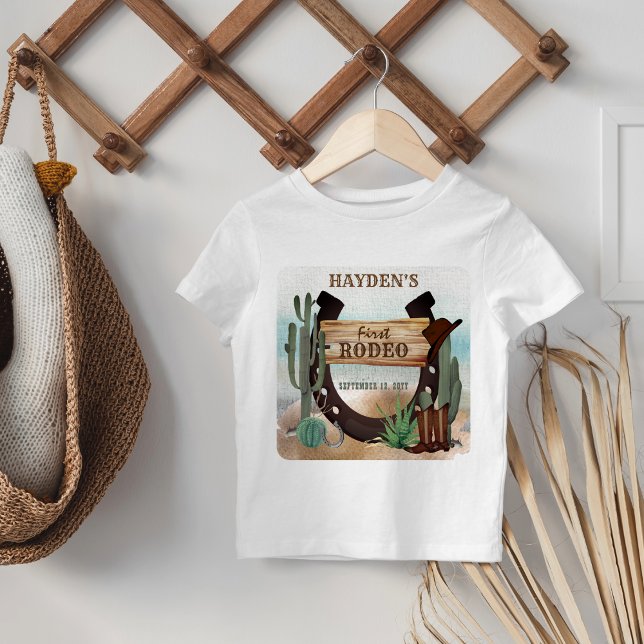 Camiseta Infantil Festa de primeiro aniversario Rodeo Cowboy Ocident (Boy's Rustic Western "First Rodeo" 1st Birthday Party T-Shirt for Baby | Toddler)
