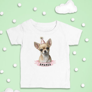Camiseta Infantil Festa Rosa Chinhuahua e Bonita Rapariga com Nome