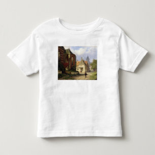 Camiseta Infantil Figure antes de uma igreja Redbrick em uma cidade