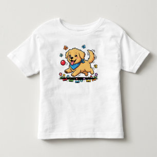 Camiseta Infantil Filhote Dourado Fofo Perseguindo Bola Vermelha Div