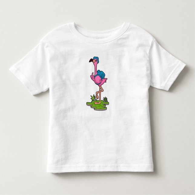 Camiseta Infantil Flamingo como Hiker com mochila (Frente)
