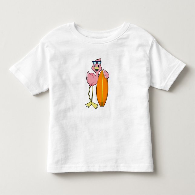 Camiseta Infantil Flamingo como Surfer com Surfboard.PNG (Frente)