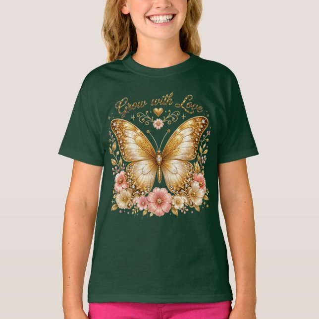 Camiseta Infantil Flor de Borboleta Dourada Cresce (Frente)