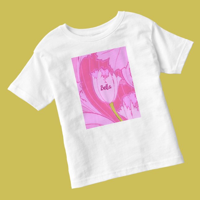 Camiseta Infantil Floral de Tulip Rosa bonito com Nome (Criador carregado)