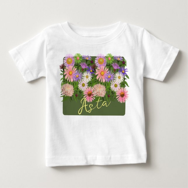 Camiseta infantil floral Rosa Asters e o nome dela (Frente)