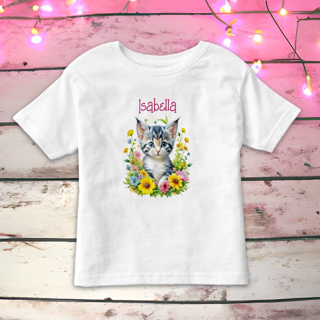 Camiseta Infantil Flores de Gatinhos de Aquarelas Personalizadas (Criador carregado)