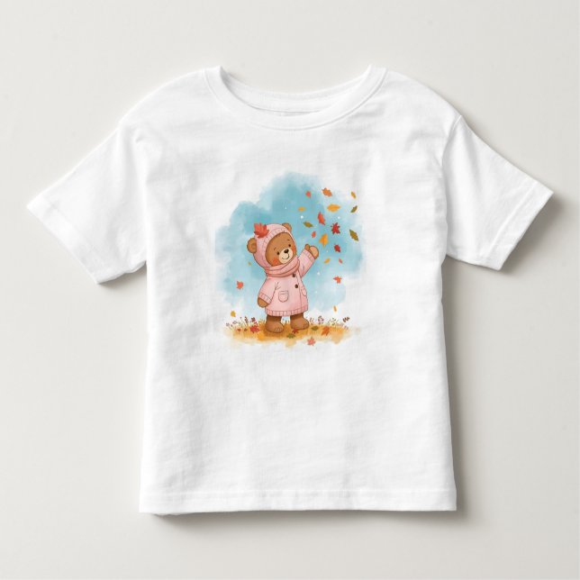 Camiseta Infantil Garota Adorável do Urso de Teddy Captando Folhas d (Frente)