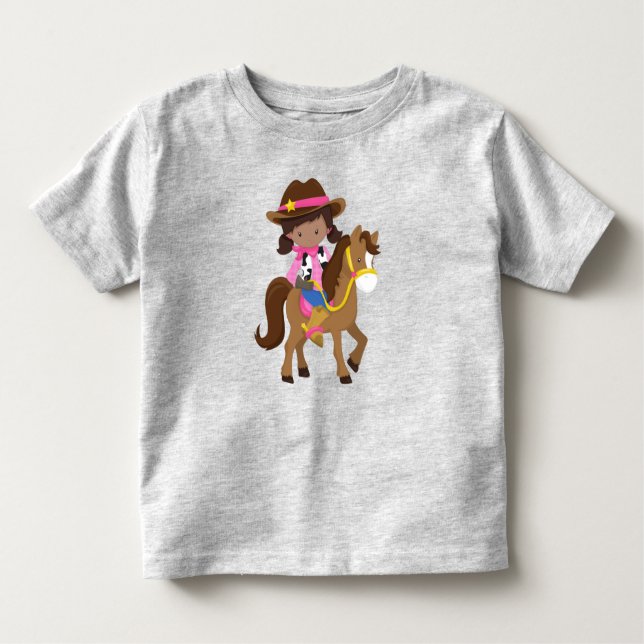 Camiseta Infantil Garota Afro-Americana, Vaqueira, Xerife, Cavalo (Frente)