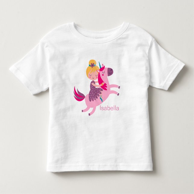 Camiseta Infantil Garota Amarelo-Bonita Andando em Unicórnio (Frente)