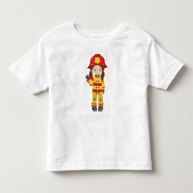 Camiseta Infantil Garota Bombeiro, Mulher Bombeira, Cabelo Castanho (Frente)
