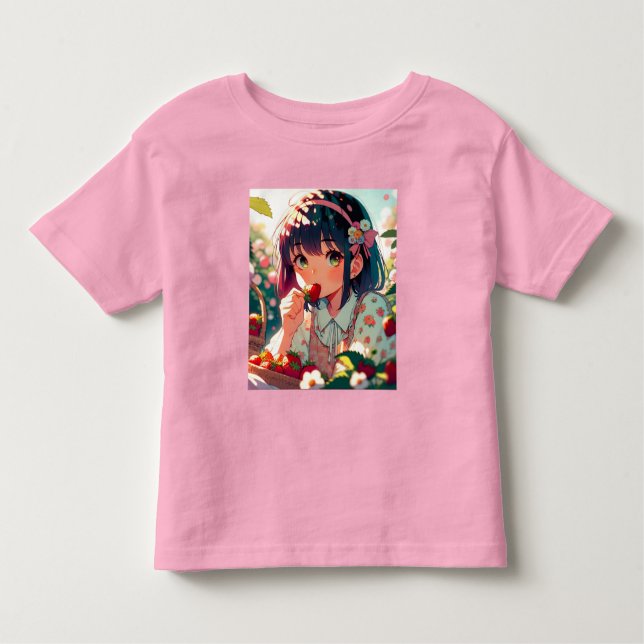 Camiseta Infantil Garota Bonita Comendo Morangos | Dia de Verão (Frente)
