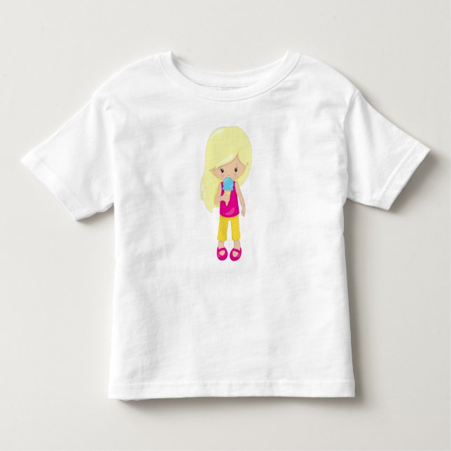 Camiseta Infantil Garota Com Sorvete, Cabelo Louro, Garota Bonita (Frente)