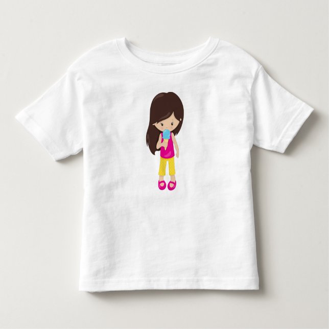 Camiseta Infantil Garota Com Sorvete, Cabelo Marrom, Garota Bonita (Frente)