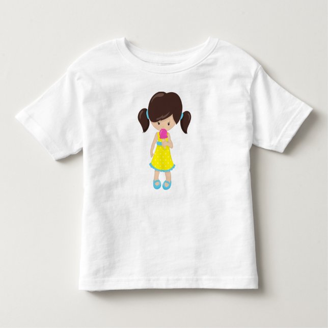 Camiseta Infantil Garota Com Sorvete, Garota Bonita, Cabelo Castanho (Frente)