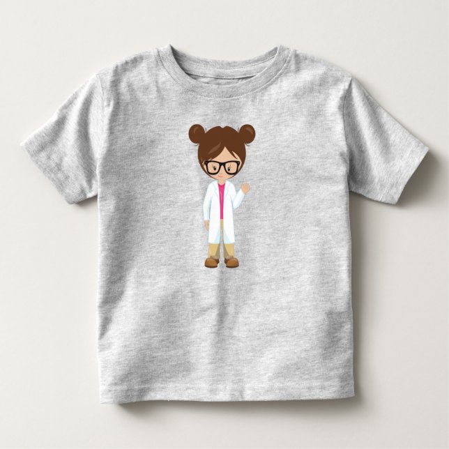 Camiseta Infantil Garota da Ciência, Cientista, Garota Bonita, Cabel (Frente)