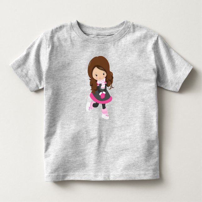 Camiseta Infantil Garota De Pé De Gelo, Garota Bonita, Cabelo Marrom (Frente)