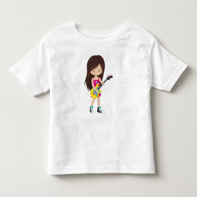 Camiseta Infantil Garota de Rock, Cabelo Castanho, Tocadora de Guita (Frente)