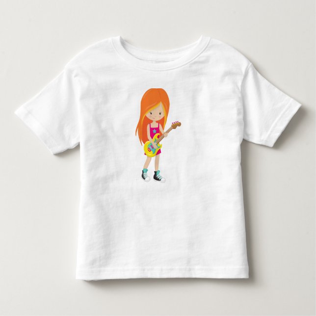 Camiseta Infantil Garota de Rock, Cabelo Laranja, Tocadora de Guitar (Frente)