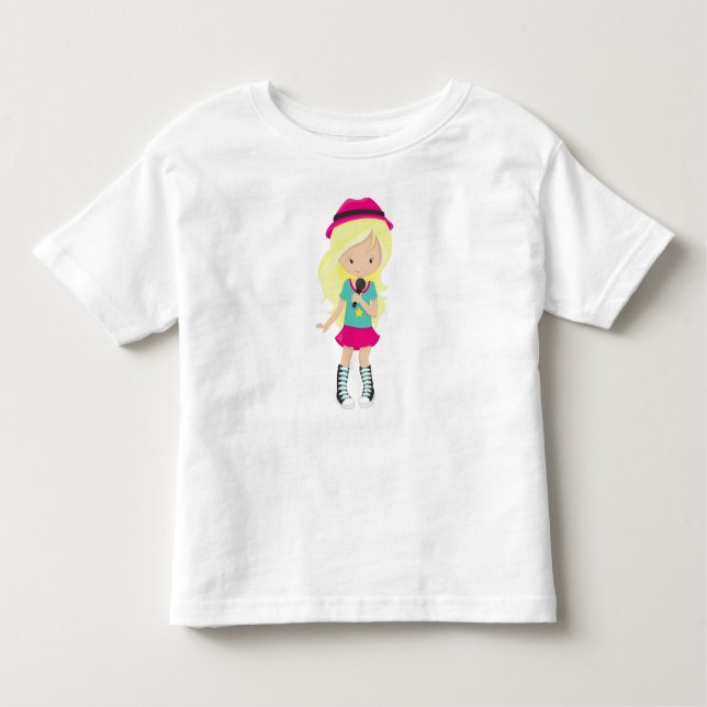 Camiseta Infantil Garota de Rock, Cabelo Loiro, Cantora de Banda, Mi (Frente)