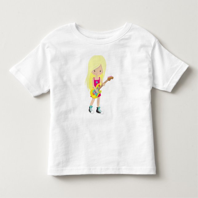 Camiseta Infantil Garota de Rock, Cabelo Loiro, Toca Guitarra, Banda (Frente)