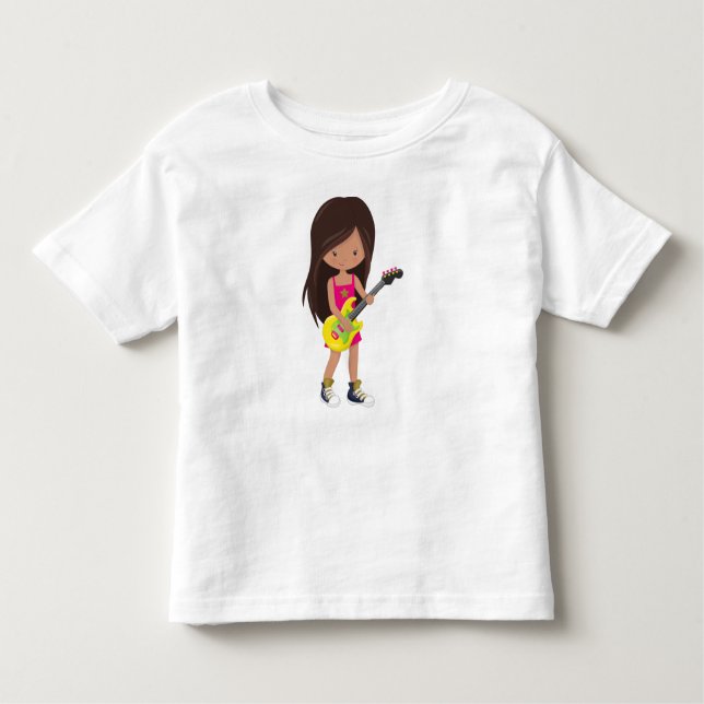 Camiseta Infantil Garota de Rock, Garota Latina, Tocadora de Guitarr (Frente)
