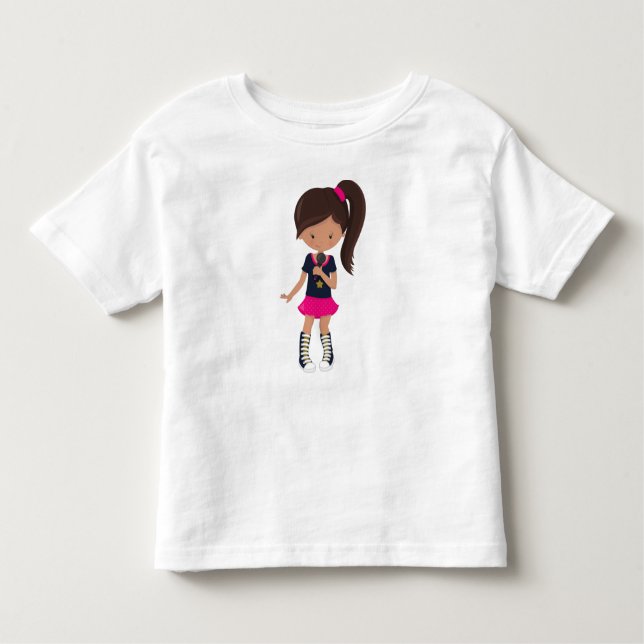 Camiseta Infantil Garota do Rock, Garota Latina, Microfone, Cantora  (Frente)
